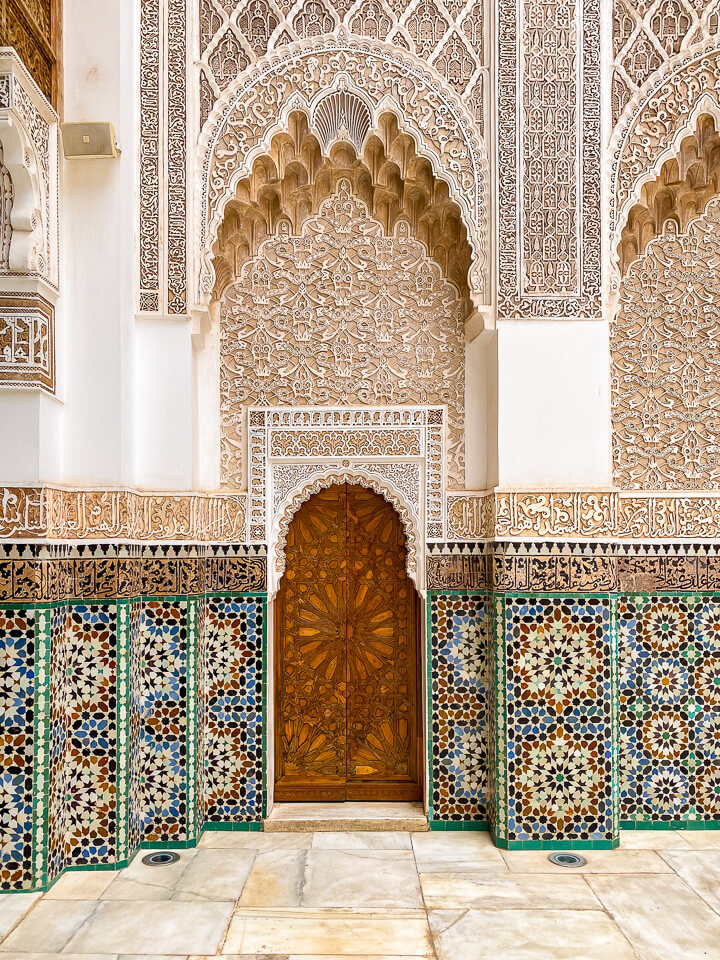 The 500-year-old Koranic school Medersa Ben Youssef in Marrakech is one of the most important monuments in Morocco. Moroccan decoration artwork.