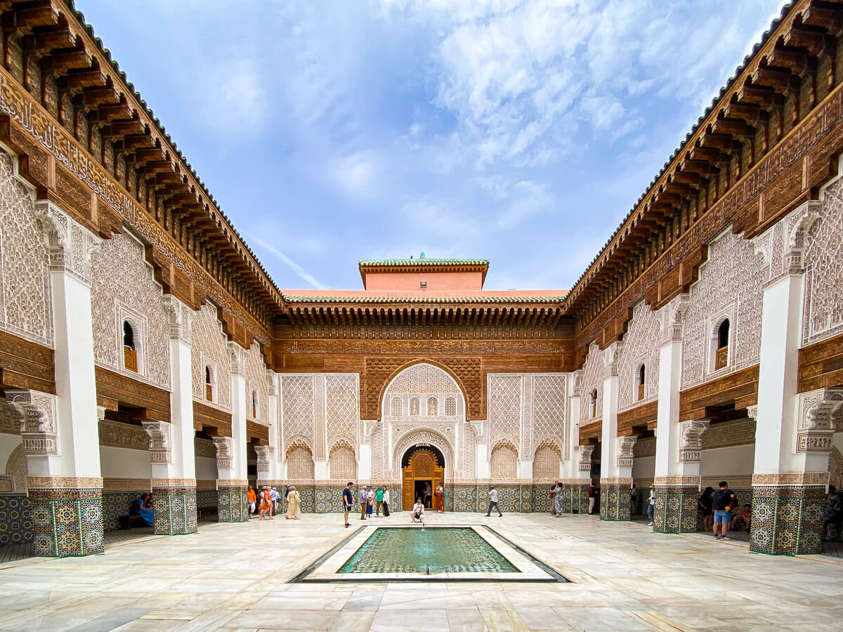 The 500-year-old Koranic school Ben Youssef Madrasa in Marrakech is one of the most important monuments in Morocco. View into the inner courtyard.