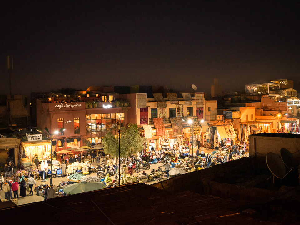 The best and most popular restaurants in the medina of Marrakech: view from the restaurant Le Nomad on the Place des Epices.