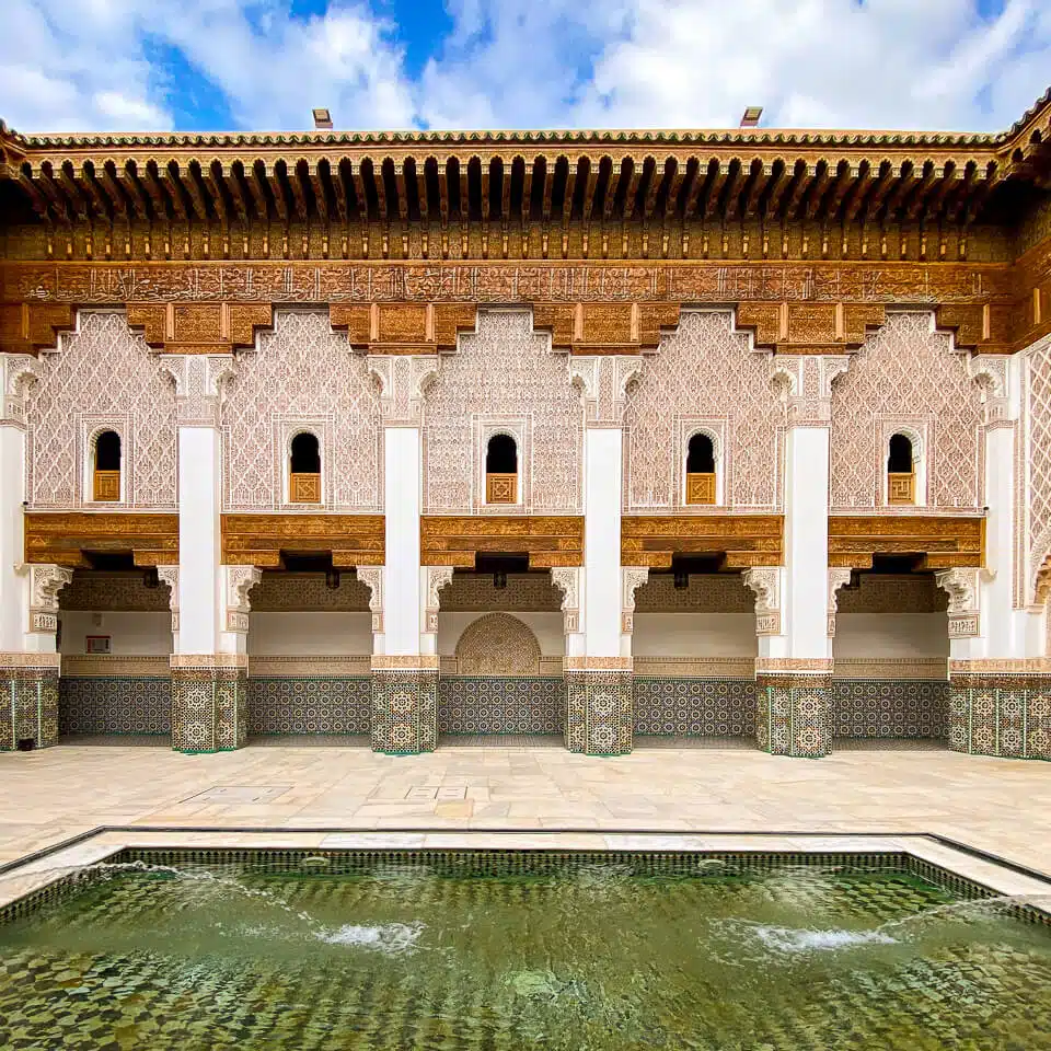 View of the inner courtyard of the Ben Youssef Madrasa Koranic school with the water basin.